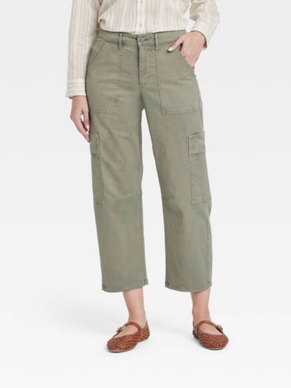 Olive Green Barrel Leg Cargo Pants